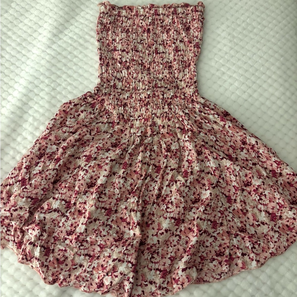 Garage Strapless Dress with Red and Pink Floral Pattern